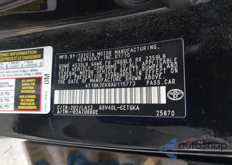 2010 Toyota Camry Xle V6 z USA, uszkodzony, nr VIN 4T1BK3EK8AU115773